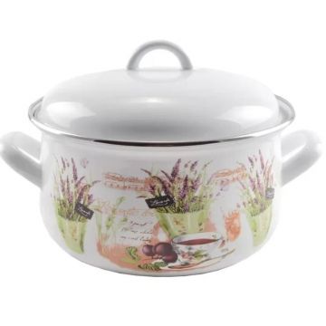 Oala Emailata cu Capac din Sticla, Lavanda, 20.5 cm, 2.4 l, Perfect Home