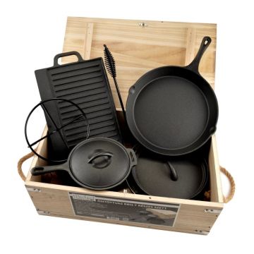 Set Gratar BBQ 7 piese, din fonta, cutie de lemn