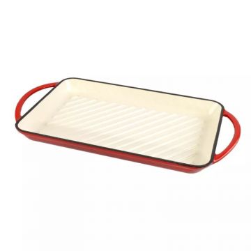 Tava Grill din Fonta Emailata, 33 x 21.5 cm, Rosie, Perfect Home
