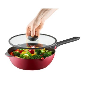 Tigaie Wok cu capac Noel, Ambition, 28 cm, aluminiu, visiniu/negru