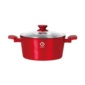 Cratita din Aluminiu, Ceramica Marmorata, 24 x 12 cm, 4.3 l, cu Capac din Sticla, Grunberg