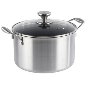Cratita Inox cu Capac Sticla, 24 cm, 6.30 l, Invelis Antiaderent, Compatibila Inductie, Grunberg