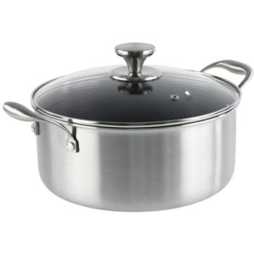 Cratita Inox cu Capac Sticla, 28 cm, 6.10 l, Invelis Antiaderent, Compatibila Inductie, Grunberg