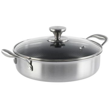 Cratita Joasa din Otel Inoxidabil cu Capac Sticla, 26 cm, 3 l, Compatibila Inductie, Grunberg