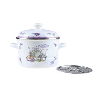 Oala Emailata cu Capac si Sita Metalica, 24 cm, 5 l, Alb / Mov, Grunberg, Model GR2462B