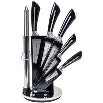 Set 2 x 8 Cutite cu Suport, Inox, Negru