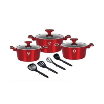 Set 3 Vase din Aluminiu cu Capace din Sticla si 4 Ustensile, Rosii, Compatibile cu Plita cu Inductie, Grunberg