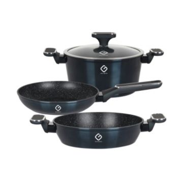 Set 3 Vase din Aluminiu si Capac din Sticla, Albastre, Compatibile cu Plita cu Inductie, Grunberg