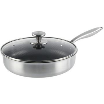 Tigaie Inalta din Otel Inoxidabil cu Capac Sticla, 28 cm, 3.70 l, Compatibila Inductie, Grunberg