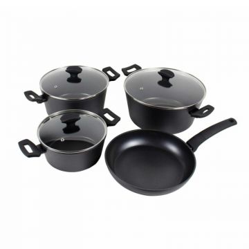 Vase din Aluminiu, Capace din Sticla Termorezistenta, Strat Neaderent, Compatibile cu Plita cu Inductie, 7 Bucati