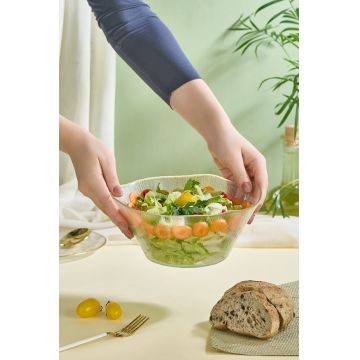 Bol de salată din sticlă, Hermia, 337GLZ1174, Cu ramă aurie, Transparent