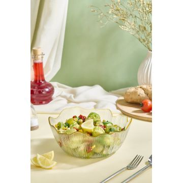 Bol de salată din sticlă, Hermia, 337GLZ1175, Cu ramă aurie, Transparent