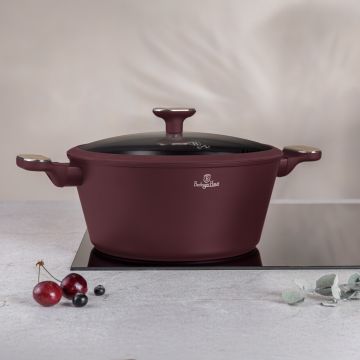 Oala cu capac Berlinger Haus, Leonardo Nordic, 28 cm, 6.3 L, aluminiu forjat, visiniu mat