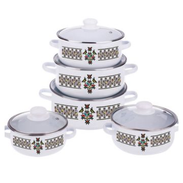 Oale Emailate cu Capace din Sticla, 16 cm/18 cm/20 cm/22 cm/24 cm, 5 Bucati