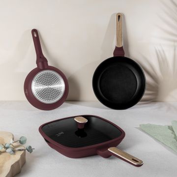 Set 3 tigai si capac Berlinger Haus, Leonardo Nordic, 20/24/28 cm, aluminiu forjat, visiniu mat