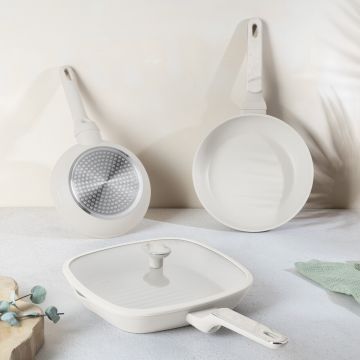 Set 3 tigai si capac Berlinger Haus, Sahara Marble, 20/24/28 cm, aluminiu forjat, crem mat/marmura