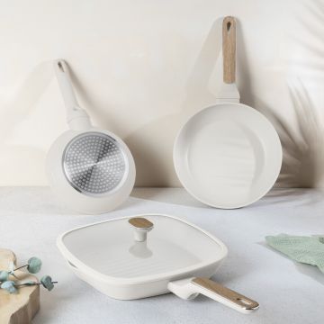 Set 3 tigai si capac Berlinger Haus, Sahara Nordic, 20/24/28 cm, aluminiu forjat, crem mat/natur