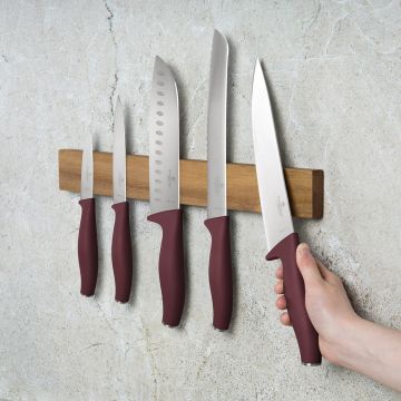 Set 5 cutite cu suport magnetic Berlinger Haus, Leonardo, inox/lemn, visiniu mat/natur