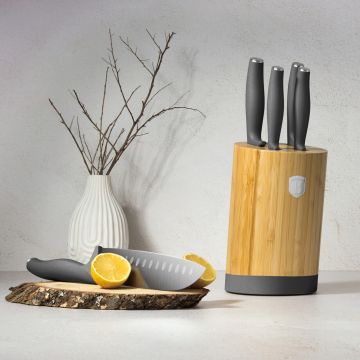 Set 5 cutite cu suport rotund Berlinger Haus, Anthracite, inox/bambus, antracit mat/natur