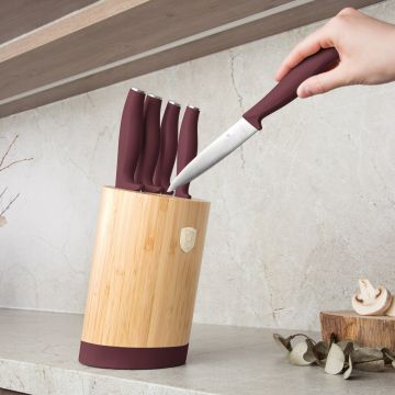 Set 5 cutite cu suport rotund Berlinger Haus, Leonardo, inox/bambus, visiniu mat/natur