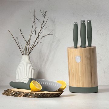 Set 5 cutite cu suport rotund Berlinger Haus, Matte Green, inox/bambus, verde mat/natur