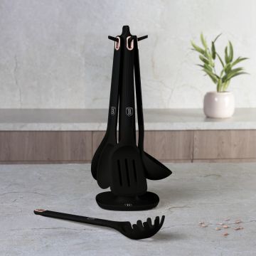 Set 5 ustensile de bucatarie cu suport, Berlinger Haus, Black Rose, nailon/plastic, negru