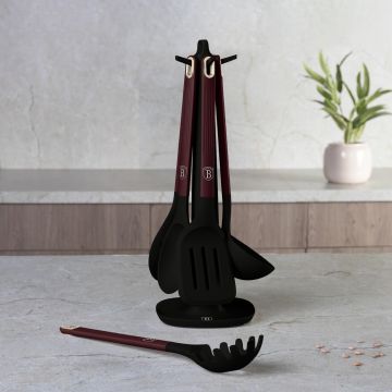 Set 5 ustensile de bucatarie cu suport, Berlinger Haus, Leonardo, nailon/plastic, visiniu mat/negru