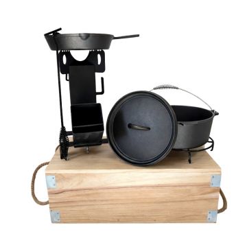 Set Gratar BBQ 6 piese din fonta cu mini-soba Racheta si cutie din lemn