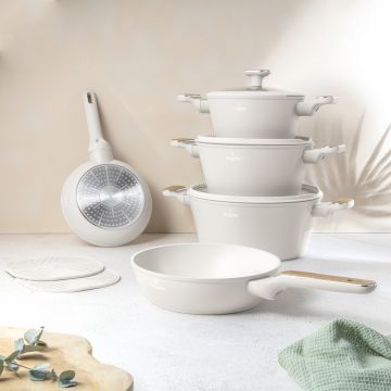 Set pentru gatit Berlinger Haus, Sahara Nordic, 10 piese, aluminiu forjat, crem mat/natur