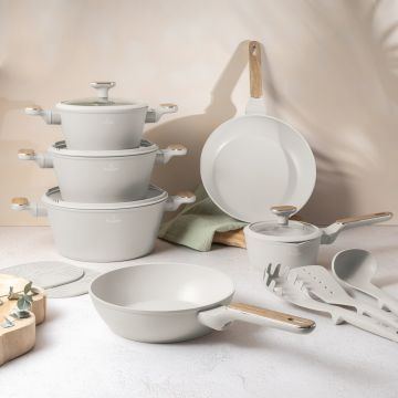 Set pentru gatit Berlinger Haus, Sahara Nordic, 15 piese, aluminiu forjat, crem mat/natur