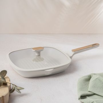 Tigaie grill cu capac Berlinger Haus, Sahara Nordic, 28 cm, 2.1 L, aluminiu forjat, crem mat/natur