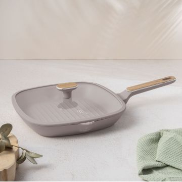 Tigaie grill cu capac Berlinger Haus, Taupe Nordic, 28 cm, 2.1 L, aluminiu forjat, taupe mat/natur