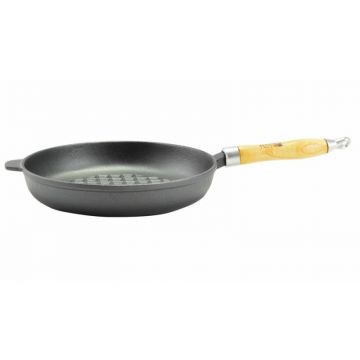 Tigaie Grill din Fonta, 24 cm, cu Maner din Lemn, Perfect Home