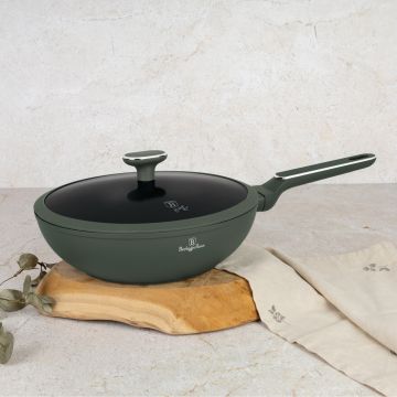 Tigaie Wok cu capac Berlinger Haus, Matte Green, 28 cm, 3.2 L, aluminiu forjat, verde mat