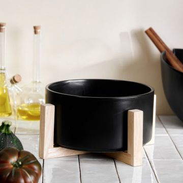 Bol salata Fincan, Homla, 20x10 cm, portelan/lemn, negru/natur