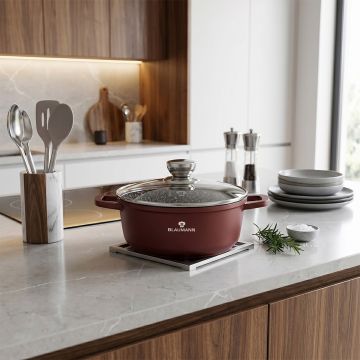 Oala cu capac cu invelis ceramic Blaumann, Cera Stone, 20 cm, 2.3L, aluminiu, rosu caramiziu