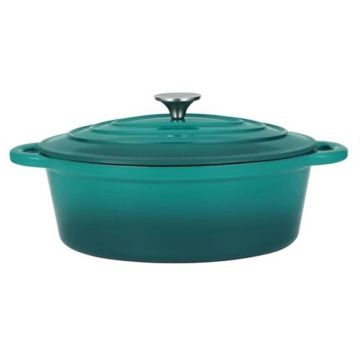 Oala din Fonta Emailata, 28.5 cm, 6 l, cu Capac, Turcoaz, Perfect Home