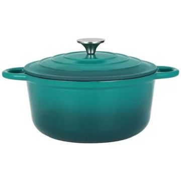 Oala din Fonta Emailata cu Capac, 24 cm, 3, 6 l, Turcoaz, Perfect Home