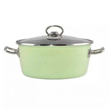 Oala Emailata cu Capac din Sticla, Green Elite, 4.2 l, Diametru 24 cm, Verde, Perfect Home