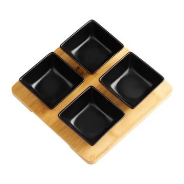 Set boluri patrate 5 piese Natural, Ambition, 25 cm, bambus/portelan, negru