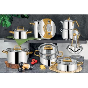 Set vase pentru gatit, Hermia, 357NYP1101, Capac: 18 x 18 cm (1 bucată), Argint / Aur