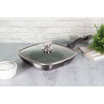 Tigaie grill cu capac Berlinger Haus, Carbon Pro, 28 cm, 2.1 L, aluminiu forjat, gri inchis