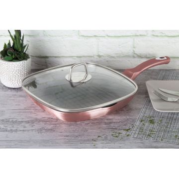 Tigaie grill cu capac Berlinger Haus, I-Rose, 28 cm, 2.1 L, aluminiu forjat, roz