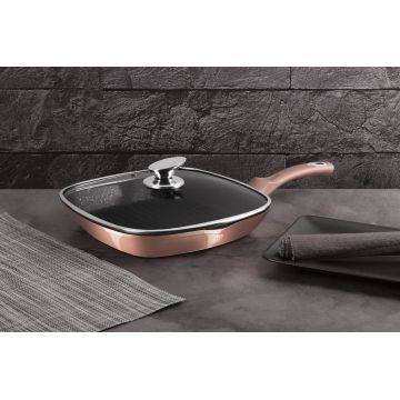 Tigaie grill cu capac Berlinger Haus, Rose Gold, 28 cm, 2.1 L, aluminiu forjat, roz