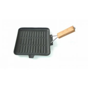 Tigaie Grill din Fonta, 21.5 x 21.5 cm, cu Maner din Lemn, Perfect Home