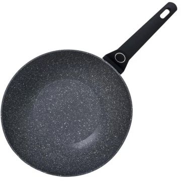 Tigaie Wok Aluminiu, Diametru 28 cm, Adancime 9 cm, Compatibil Inductie, Interior granit, Maner soft Touch