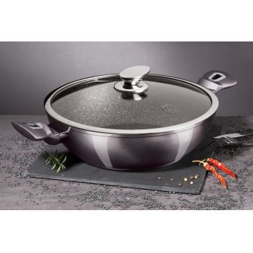 Tigaie Wok cu capac Berlinger Haus, Carbon Pro, 30 cm, aluminiu forjat, gri inchis