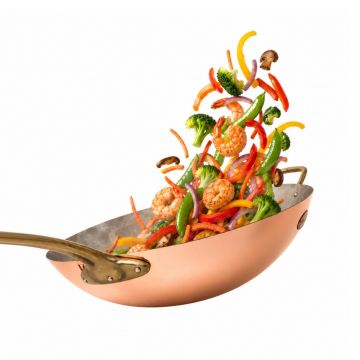 Tigaie Wok din Cupru Pur, 31 cm, Maner din Bronz Masiv, AlmaCozinha