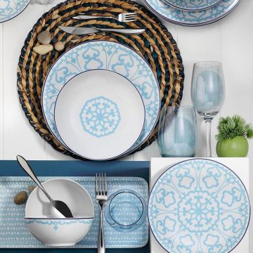 Serviciu de masa, 24 piese,  Portelan, Alb - Blue - Albastru