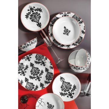 Serviciu de masa, 24 piese,  Portelan, Alb - Negru - Negru